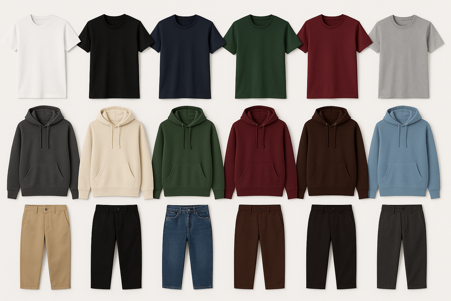 a bunch of plain shirt, hoodies, and pants with different colours looking diverse, make all the clothing light coloured
